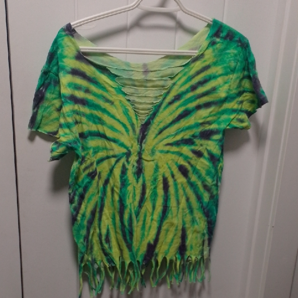 Funky Hand Made Tie-Dye V-Neck Neon green Fringe Top